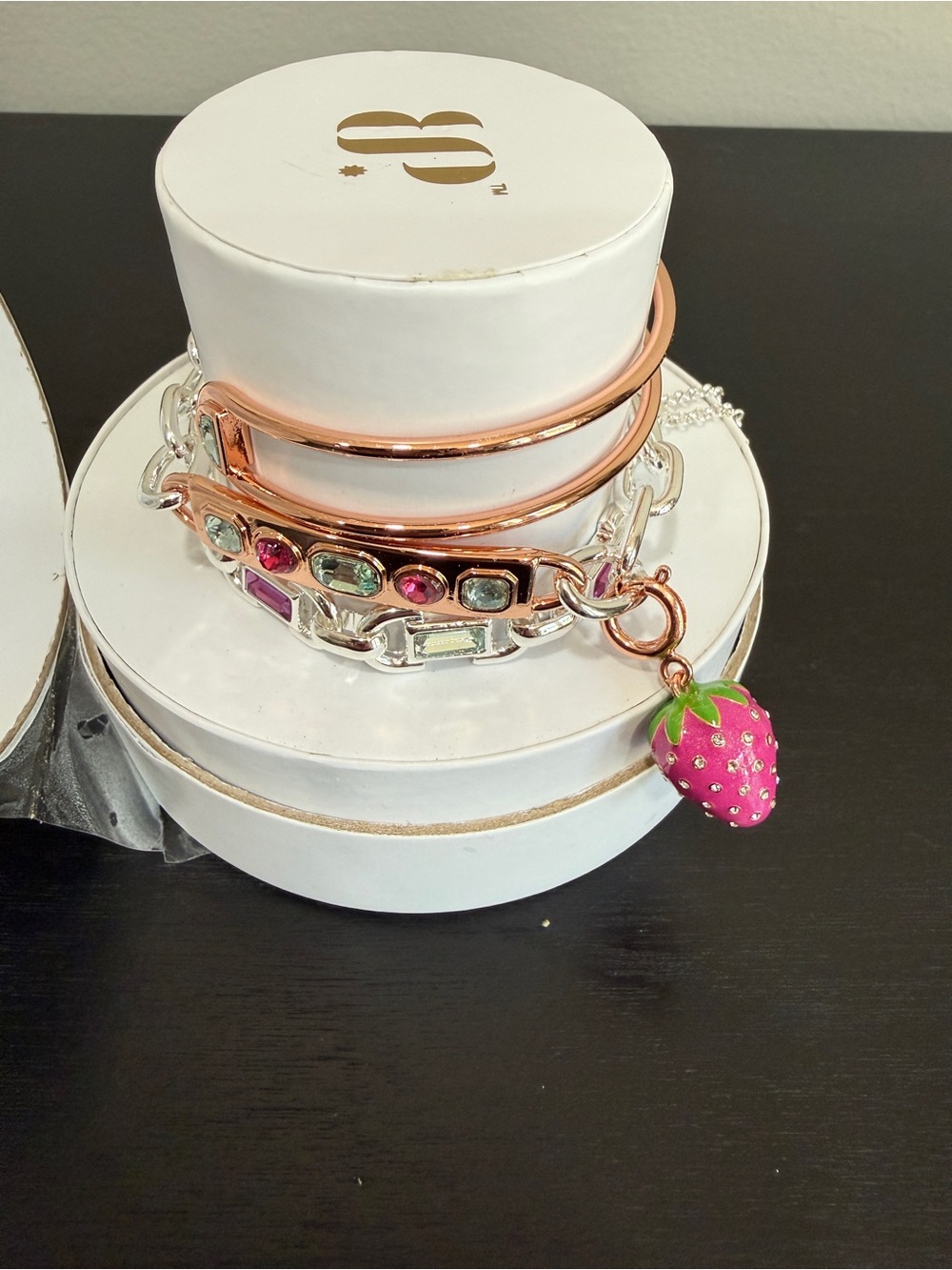 Mixed-Metal Stackable Bracelet Set with Pink Strawberry Charm